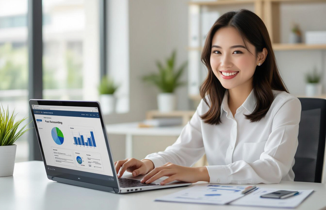 Một Nữ Kế Toán Trẻ Người Việt Nam Đang Vui Vẻ Làm Việc Trên Phần Mềm Fast Accounting Online Trên Máy Tính Xách Tay Tại
