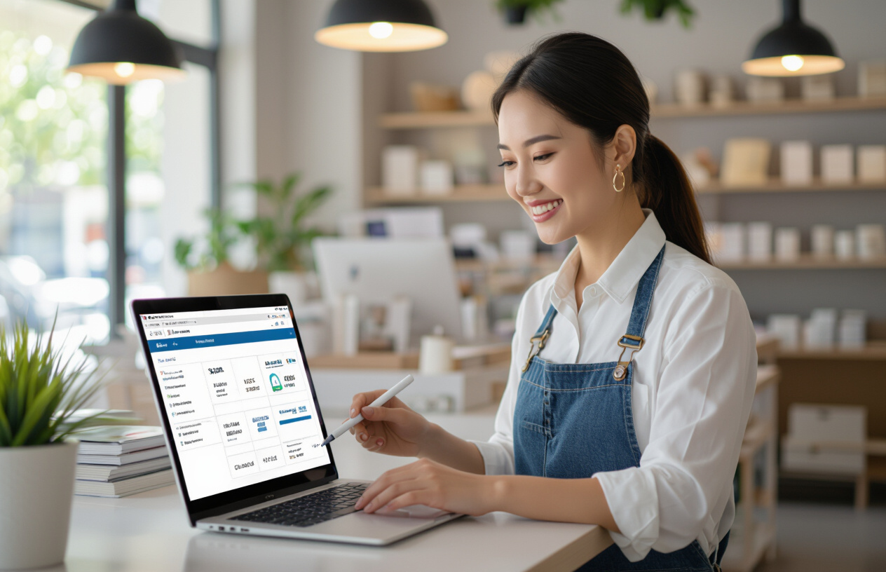 Nữ Quản Lý Cửa Hàng Bến Tre Đang Kiểm Tra Tồn Kho Trên Phần Mềm Quản Lý.