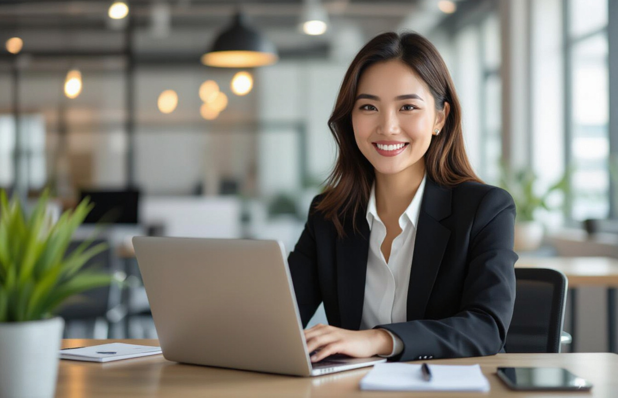 Một Nữ Doanh Nhân Việt Nam Hài Lòng Làm Việc Với Laptop, Thể Hiện Sự Hiệu Quả Sau Khi Có Phần Mềm Quản Lý Dự Án Được C
