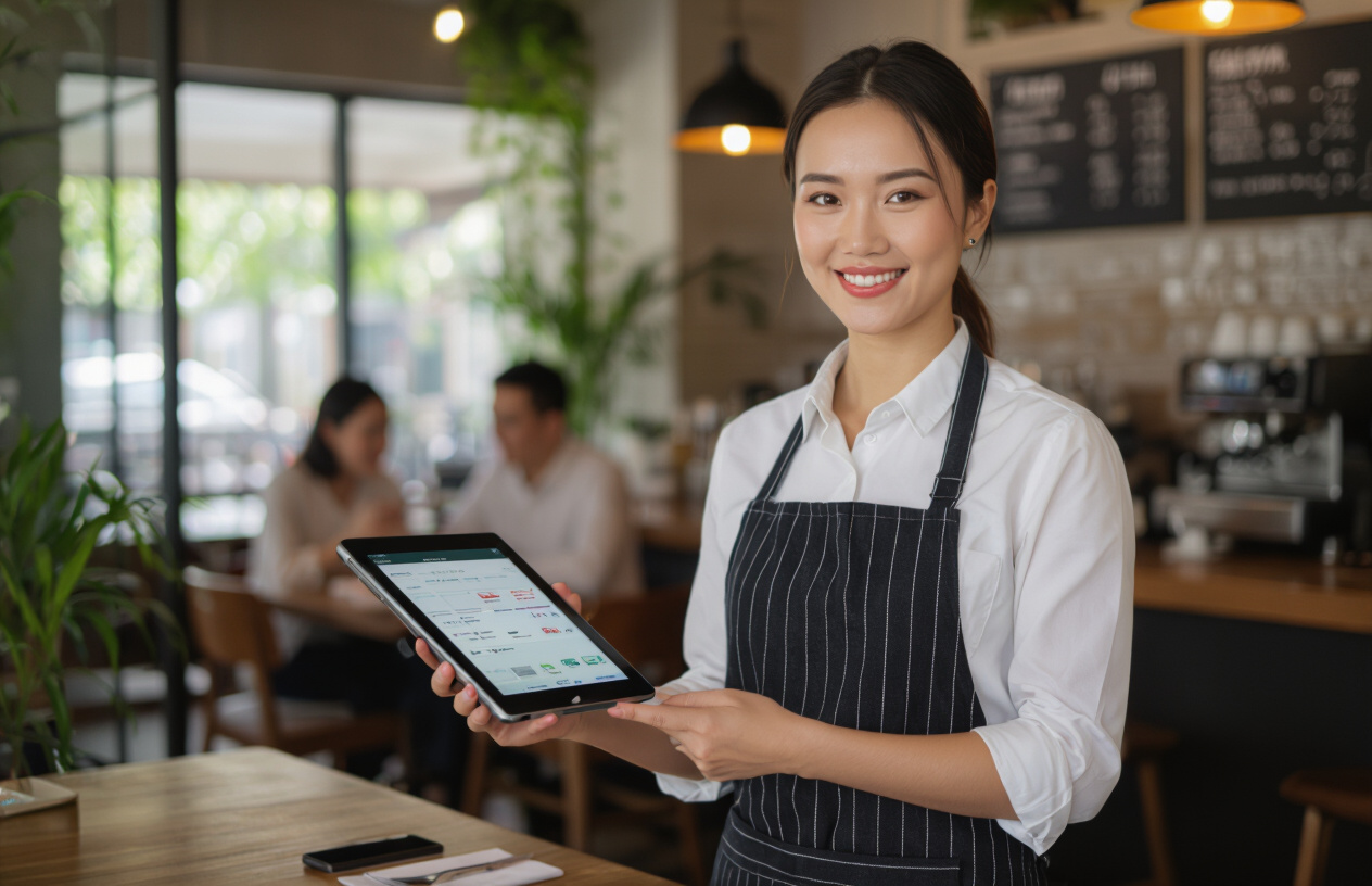 Người Quản Lý Nhà Hàng Tại Bến Tre Đang Sử Dụng Phần Mềm Posapp Trên Máy Tính Bảng Để Quản Lý Đơn Hàng.
