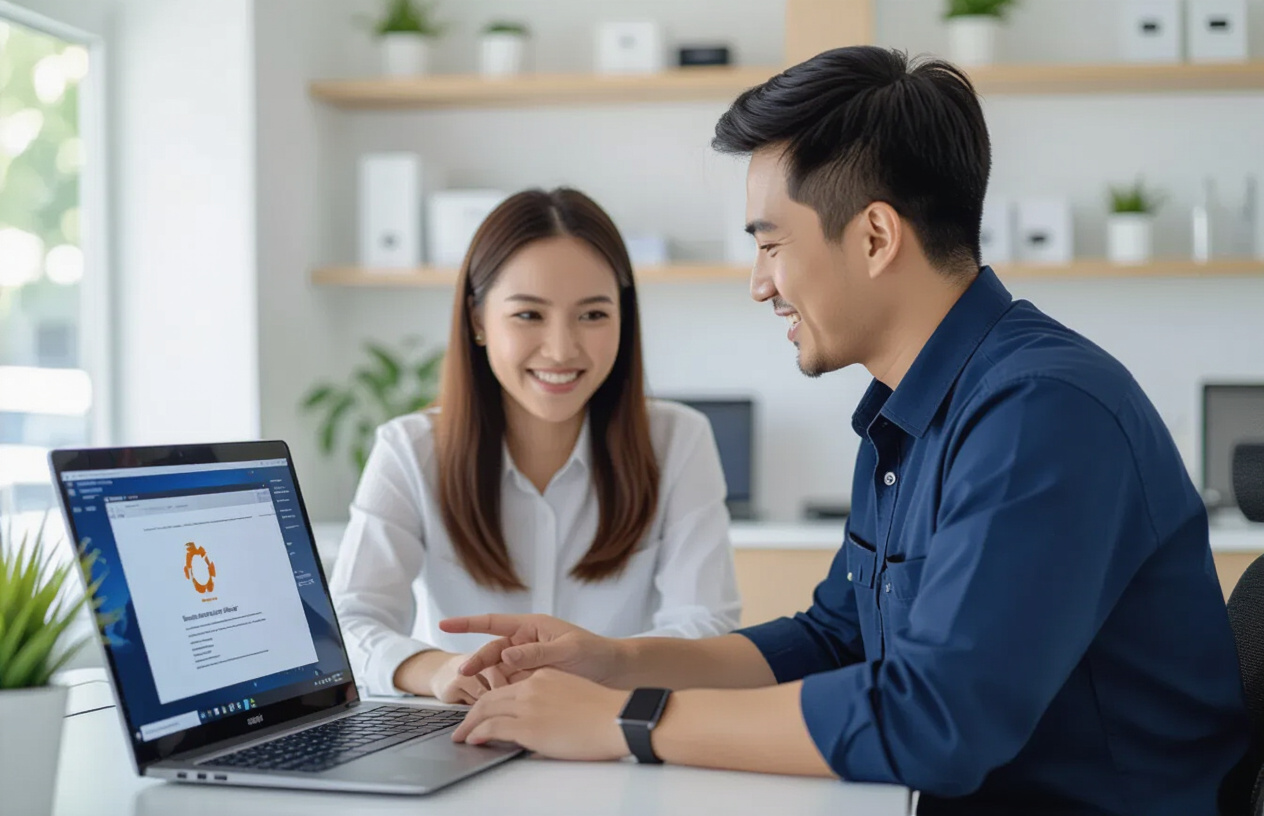 Kỹ Thuật Viên Máy Tính Bến Tre Đang Hỗ Trợ Khách Hàng Cài Đặt Ubuntu Linux.
