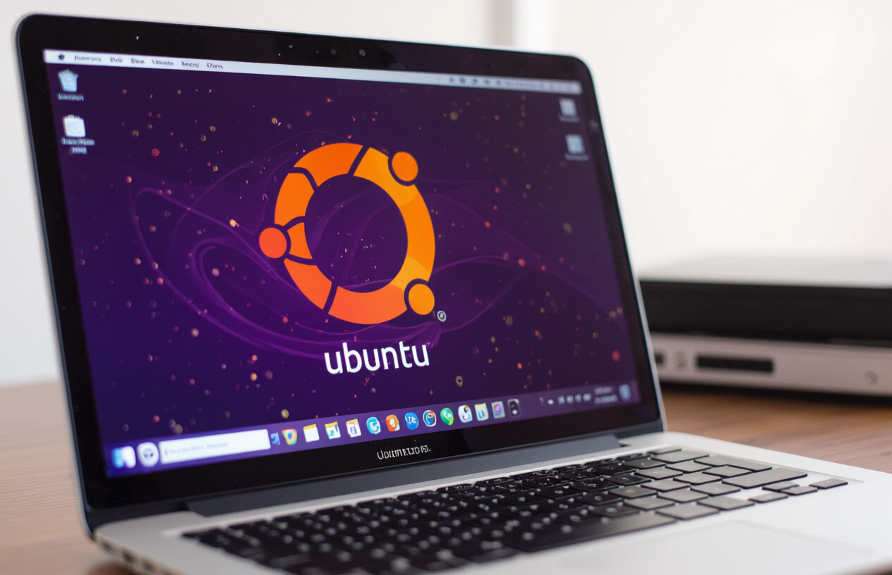 Logo Ubuntu Linux Nổi Bật Trên Màn Hình Laptop Cũ, Tượng Trưng Cho Sự Khởi Đầu Mới.