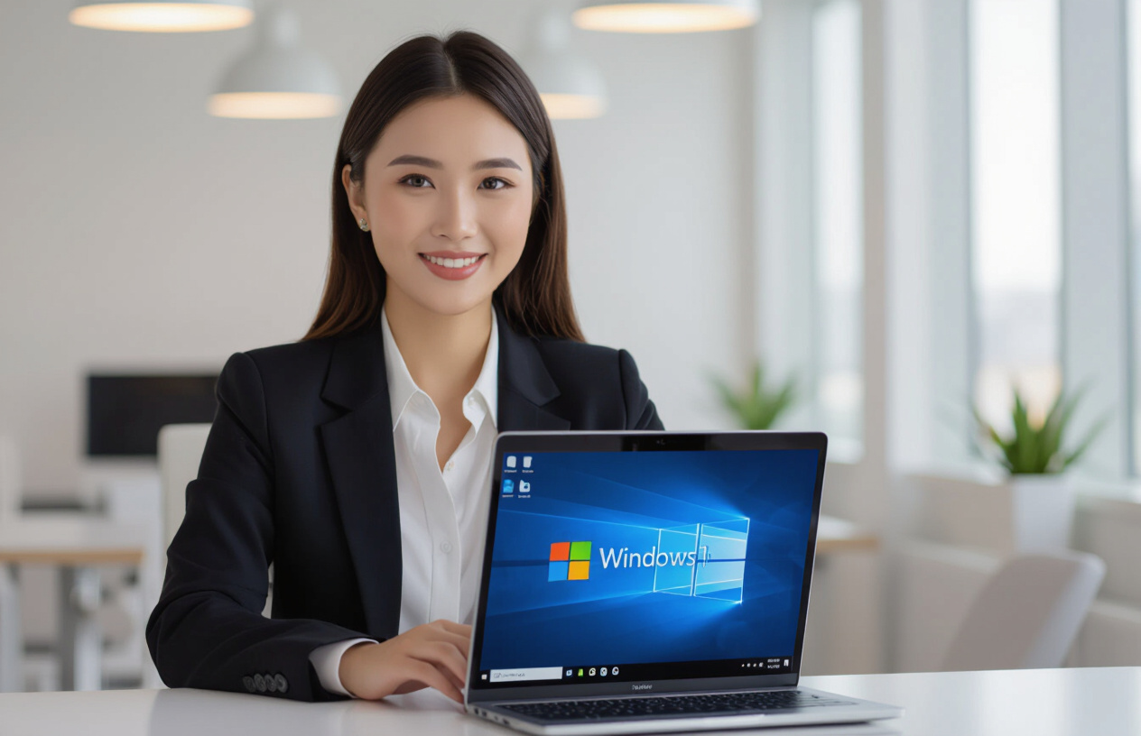 Một Nữ Doanh Nhân Việt Nam Đang Làm Việc Hiệu Quả Trên Máy Tính Chạy Windows 11 Enterprise, Thể Hiện Bảo Mật Và Năng S