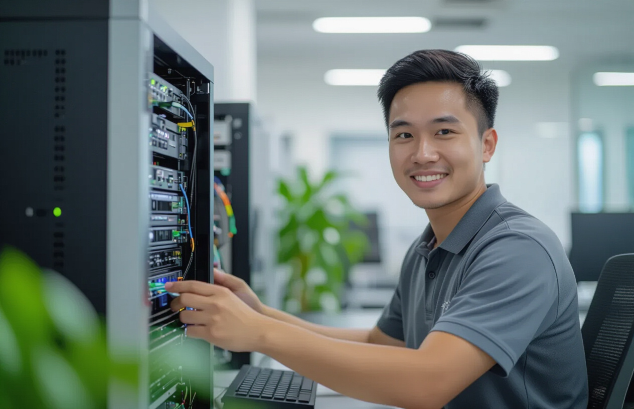 Kỹ Thuật Viên Máy Tính Bến Tre Đang Cài Đặt Windows Server 2019 Cho Doanh Nghiệp.