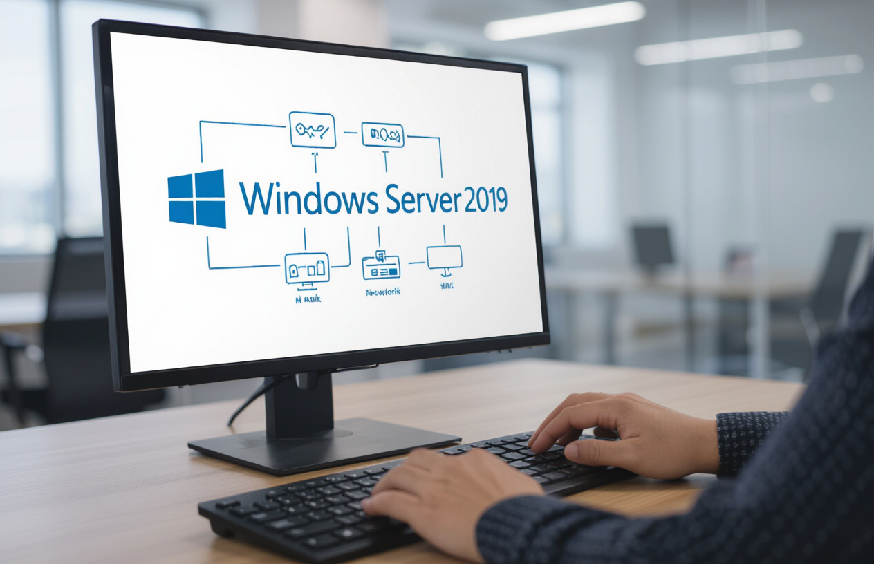 Biểu Tượng Windows Server 2019 Trên Màn Hình Máy Tính Với Kiến Trúc Mạng.
