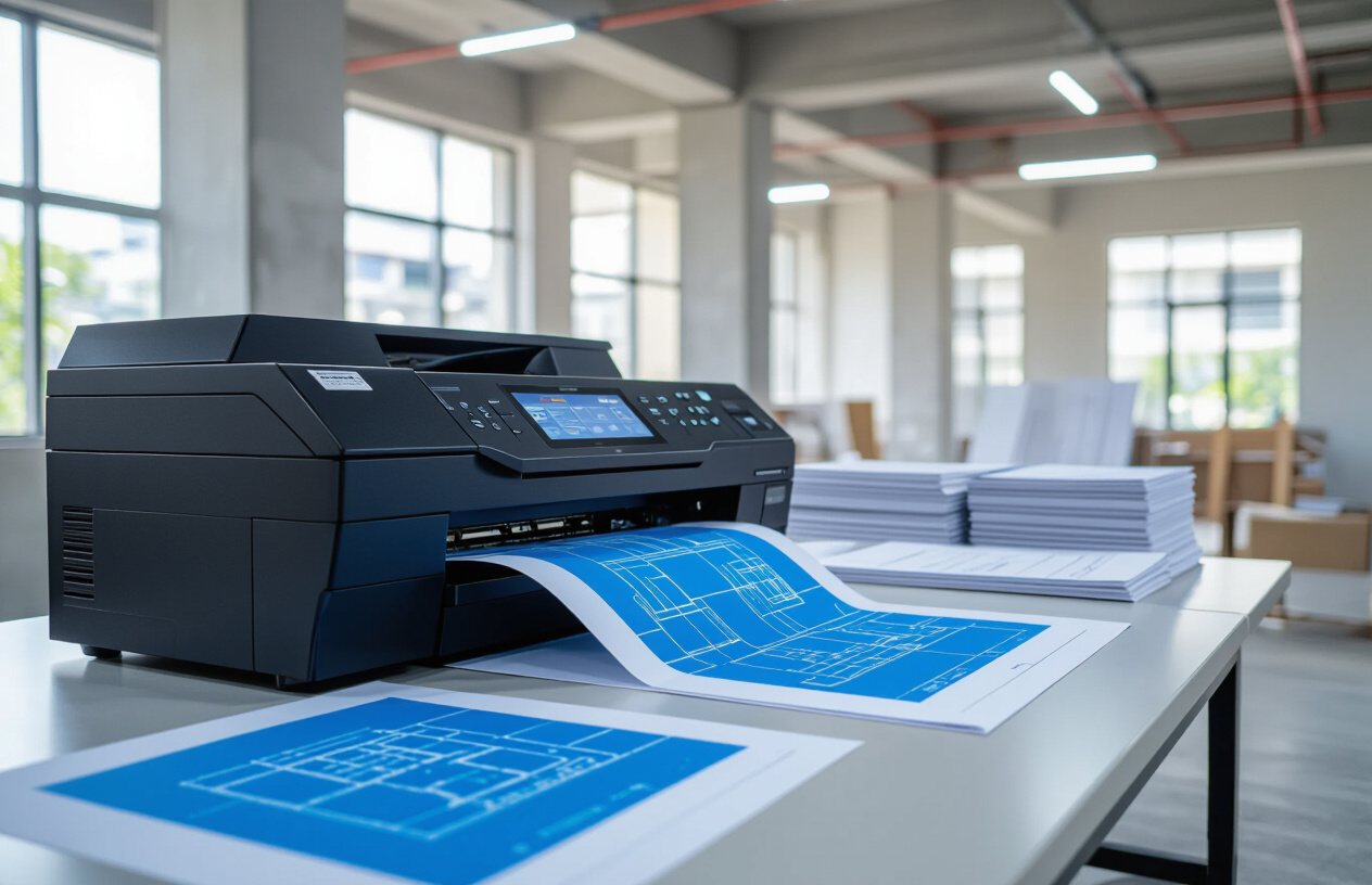 Máy Photocopy A0 Hoạt Động Mạnh Mẽ Tại Văn Phòng Công Trình.