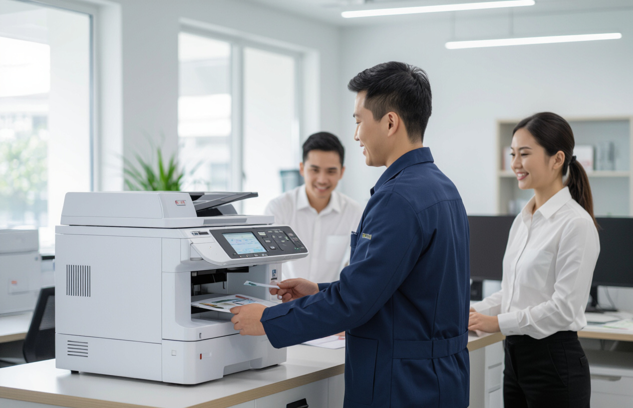 Một Nhân Viên Máy Tính Bến Tre Đang Cài Đặt Máy Photocopy Cho Văn Phòng