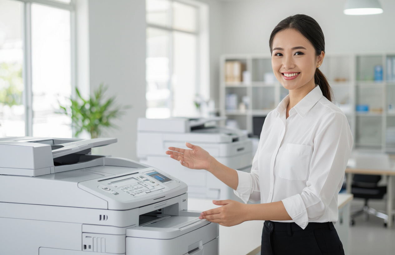 Một Chủ Doanh Nghiệp Tại Bến Tre Vui Vẻ, Hài Lòng Bên Máy Photocopy Đã Thuê.