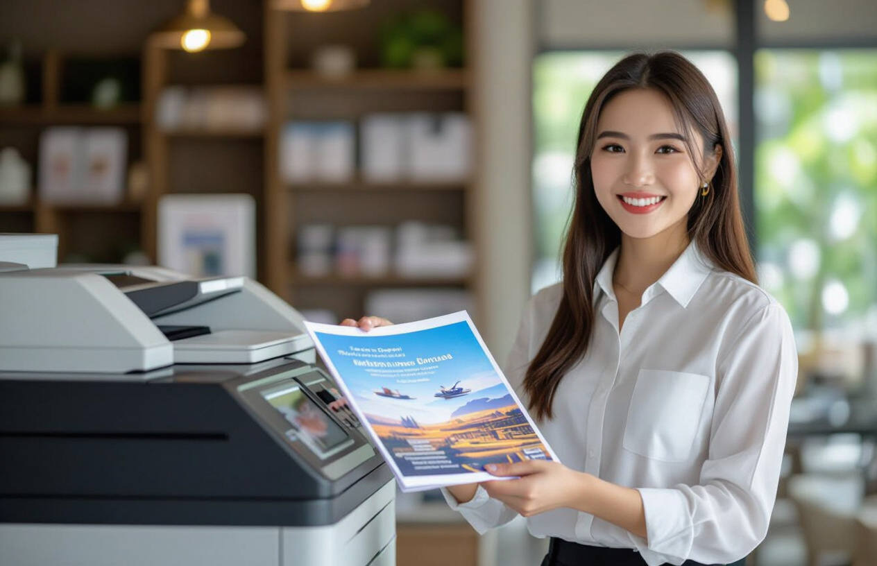 Người Dùng Hạnh Phúc Đang In Tài Liệu Sự Kiện Chuyên Nghiệp Với Máy Photocopy Màu