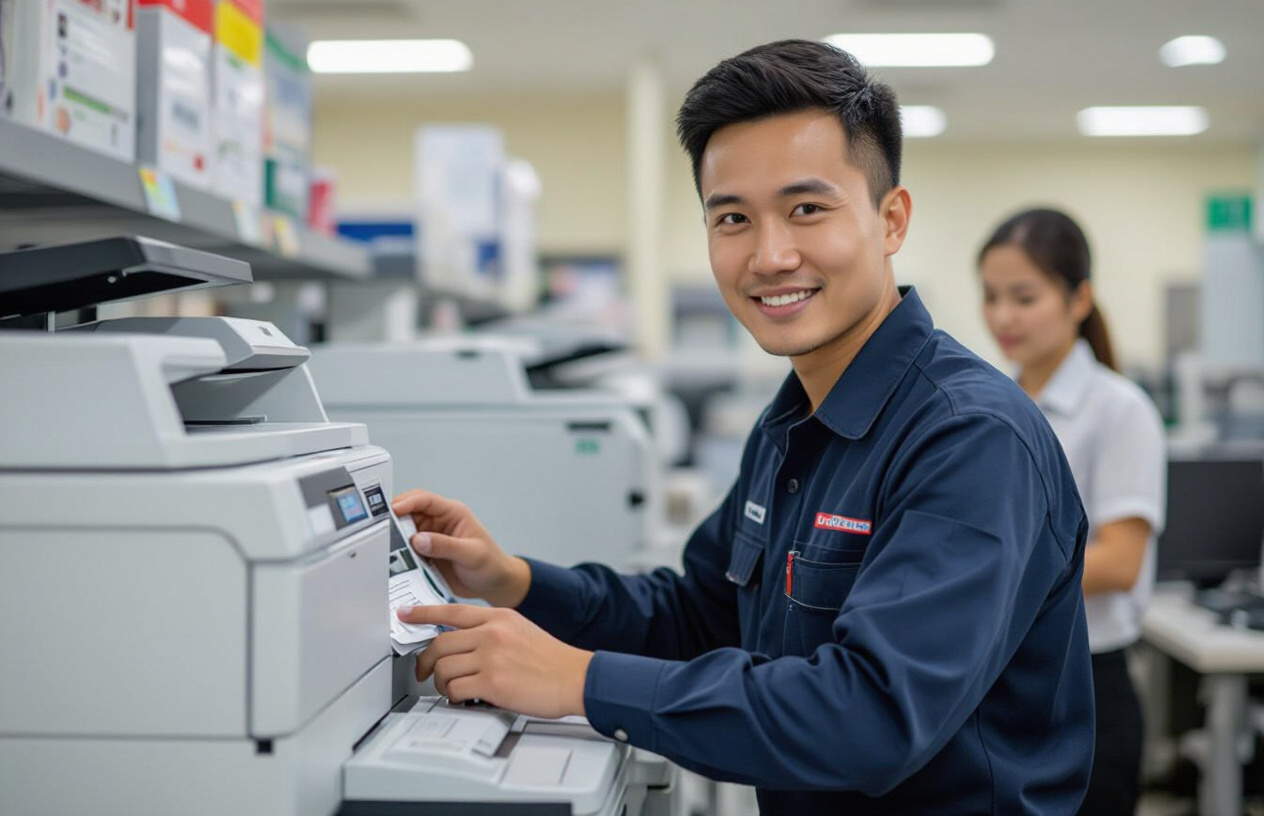 Kỹ Thuật Viên Máy Tính Bến Tre Đang Kiểm Tra Và Bảo Trì Máy Photocopy Cho Khách Hàng.
