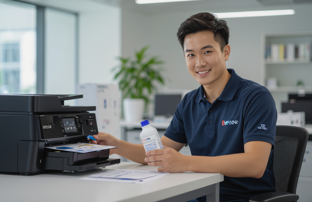 Kỹ Thuật Viên Maytinhbentre.Com Đang Kiểm Tra Mực In Epson Chính Hãng