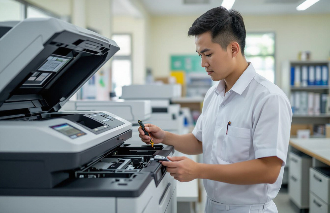Kỹ Thuật Viên Máy Tính Bến Tre Kiểm Tra Máy Photocopy Tại Văn Phòng Trường Học Ở Bến Tre