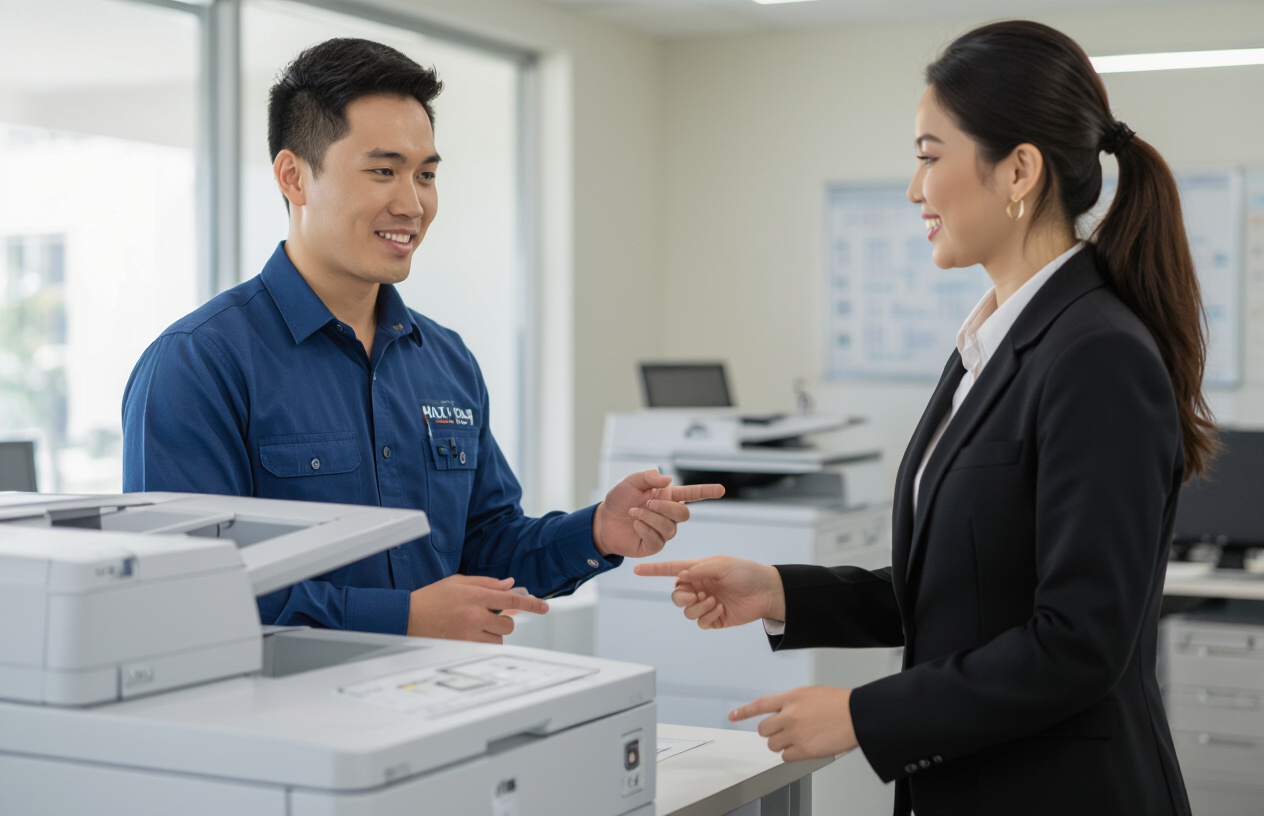Kỹ Thuật Viên Máy Tính Bến Tre Đang Tư Vấn Cho Khách Hàng Về Dịch Vụ Sửa Máy Photocopy