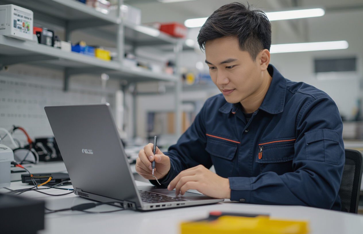 Kỹ Thuật Viên Chuyên Nghiệp Tại Máy Tính Bến Tre Đang Kiểm Tra Lỗi Màn Hình Laptop Asus Zenbook Pro Duo.