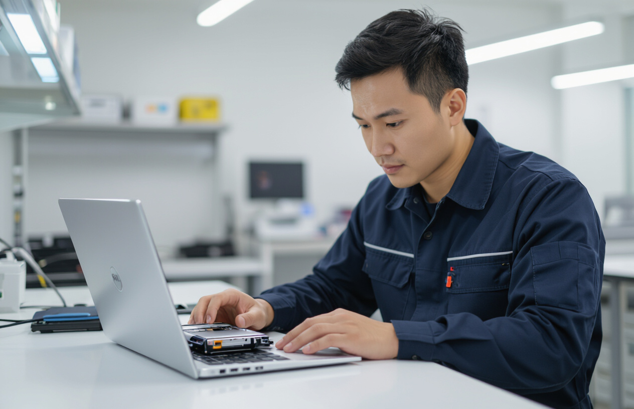 Kỹ Thuật Viên Máy Tính Bến Tre Kiểm Tra Laptop Dell Xps 13 Bị Phồng Pin, Máy Tính Đang Được Mở