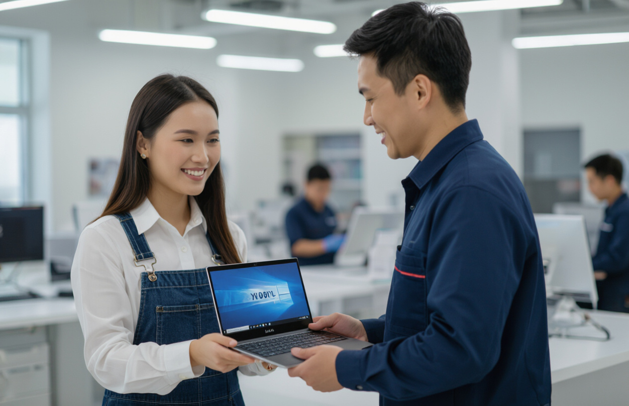 Một Khách Hàng Nữ Người Việt Nam Vui Vẻ Nhận Lại Laptop Dell Xps 13 Đã Được Sửa Chữa Từ Kỹ Thuật Viên Máy Tính Bến Tre