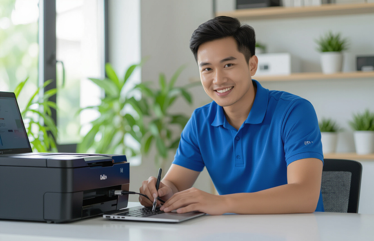 Một Kỹ Thuật Viên Máy Tính Bến Tre Đang Kiểm Tra Kết Nối Cáp Máy In Và Laptop Dell.