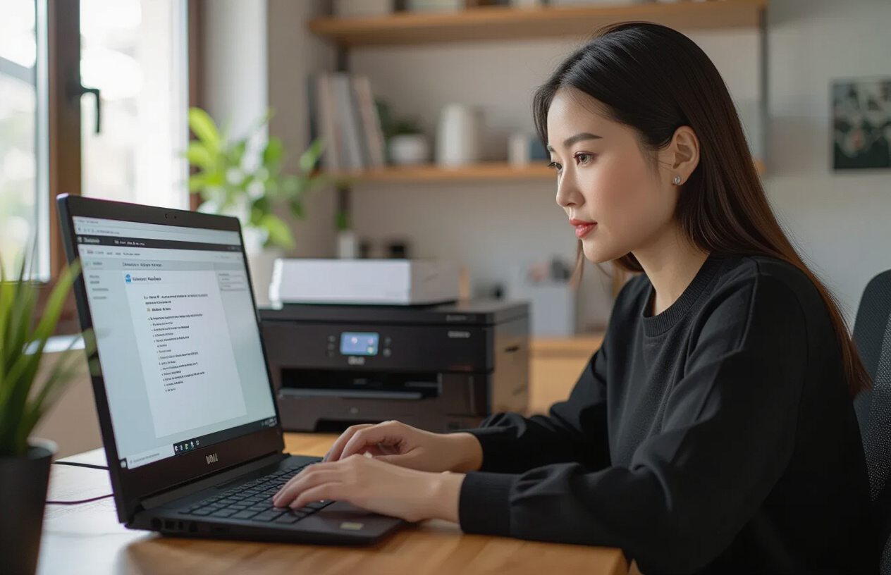 Người Dùng Laptop Dell Đang Truy Cập Phần Mềm Quản Lý Driver Máy In Brother.