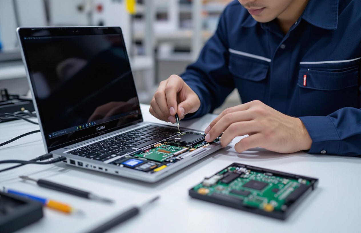 Kỹ Thuật Viên Chuyên Nghiệp Đang Kiểm Tra Phần Cứng Bên Trong Một Chiếc Laptop Để Khắc Phục Lỗi Âm Thanh, Với Các Dụng