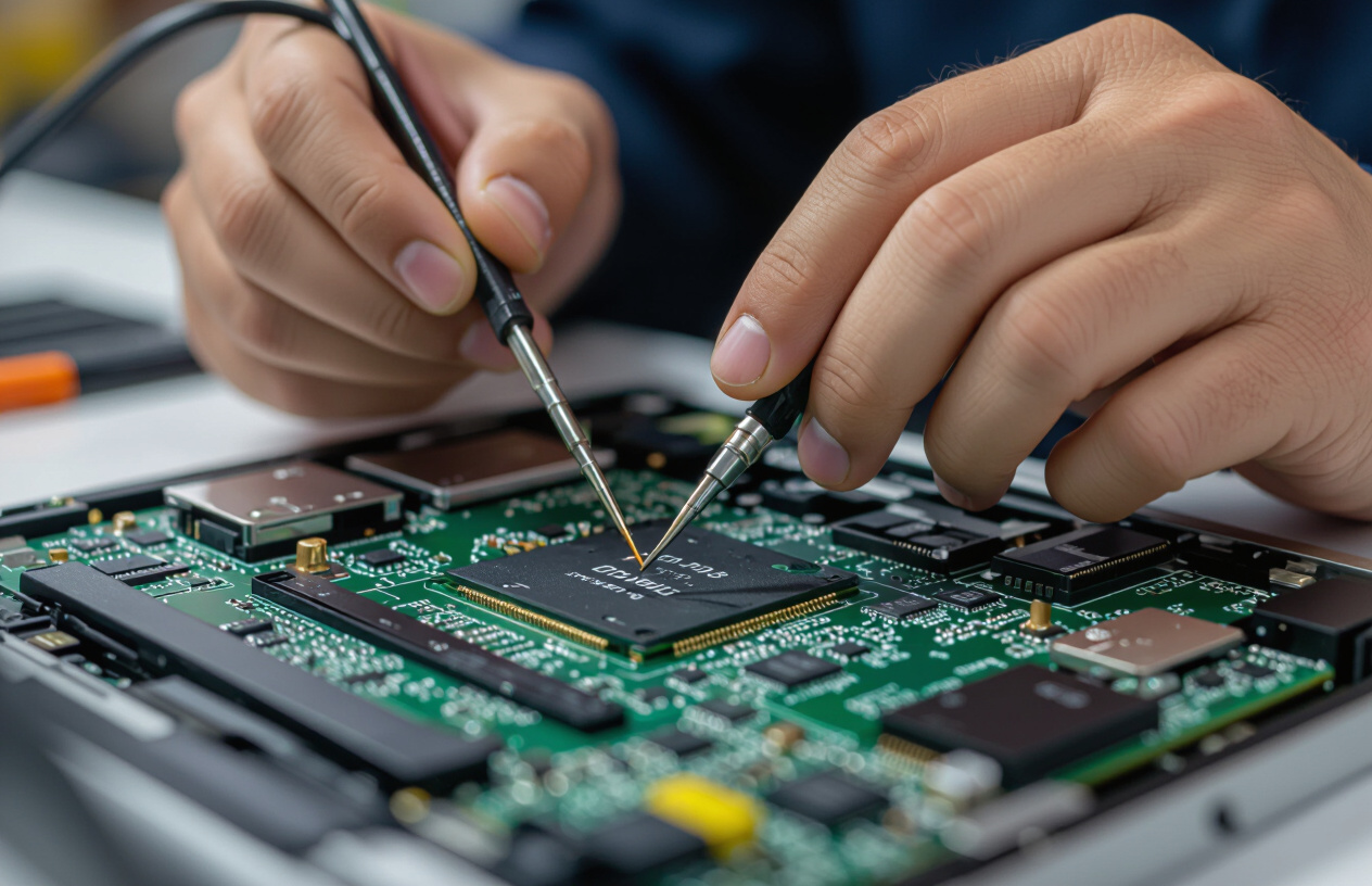 Kỹ Thuật Viên Máy Tính Bến Tre Đang Sửa Chữa Bo Mạch Chủ Laptop Bị Lỗi Sạc Pin.
