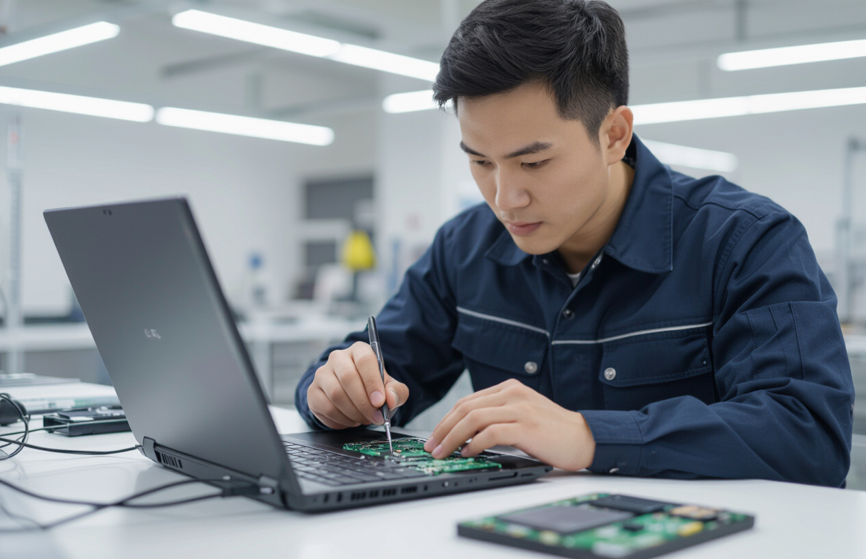 Kỹ Thuật Viên Máy Tính Bến Tre Đang Kiểm Tra Mainboard Hoặc Pin Laptop Chuyên Nghiệp.