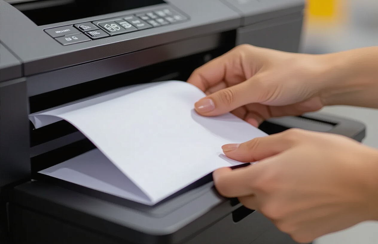 Hình Ảnh Cận Cảnh Tay Đang Nhẹ Nhàng Gỡ Giấy Kẹt Ra Khỏi Máy In Canon 2900.