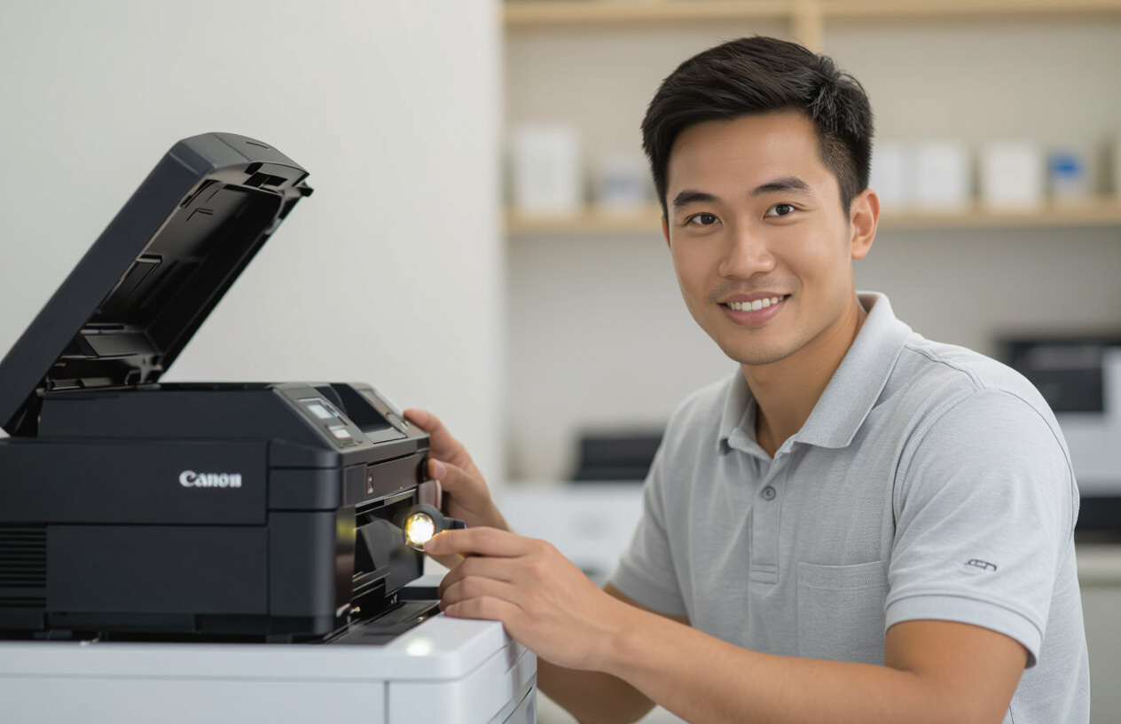 Chuyên Viên Kỹ Thuật Việt Nam Đang Kiểm Tra Bên Trong Máy In Canon 2900 Để Tìm Vật Cản.