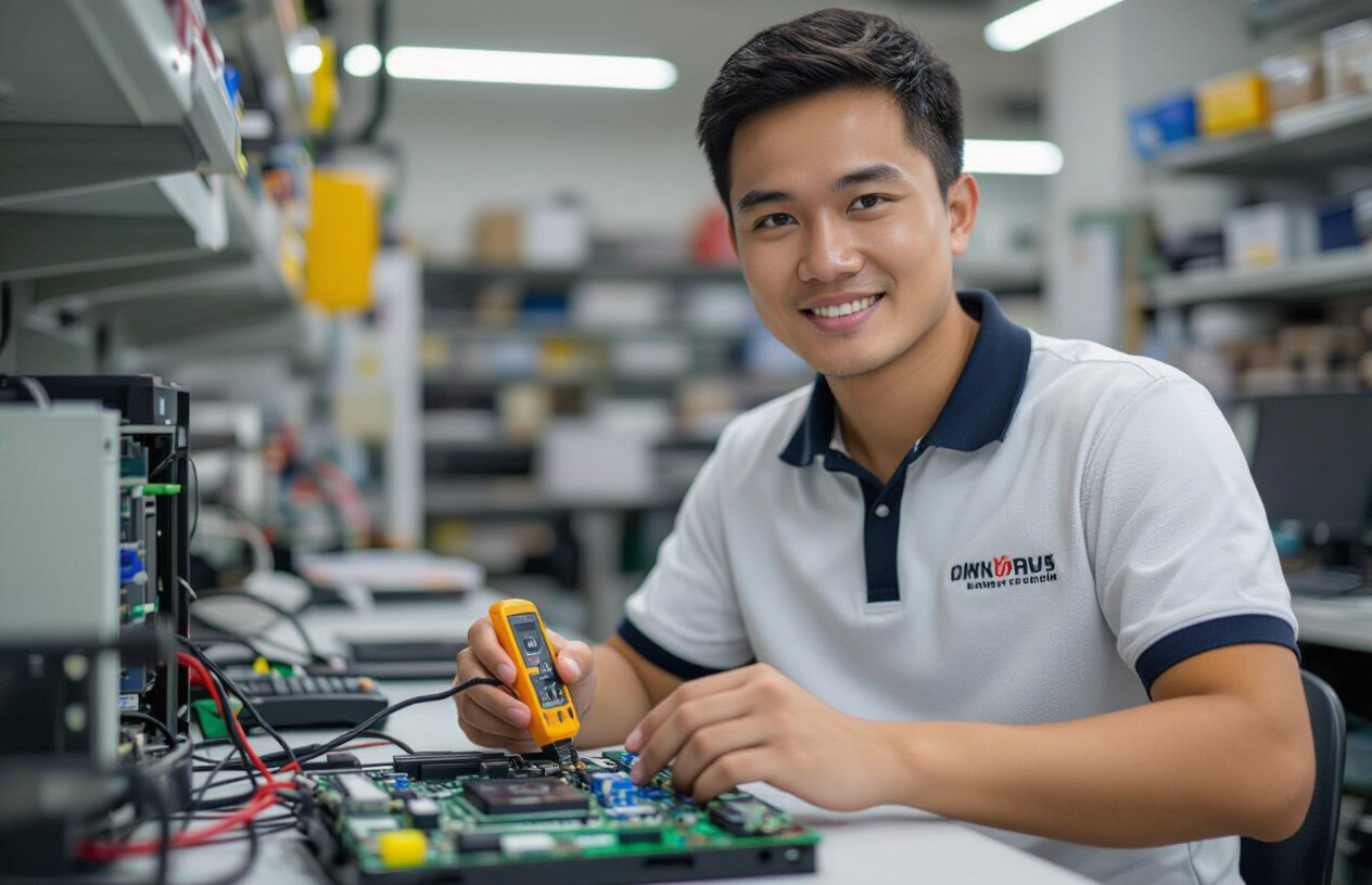 Kỹ Thuật Viên Máy Tính Bến Tre Đang Kiểm Tra Mainboard Máy Tính Bằng Thiết Bị Chuyên Dụng.