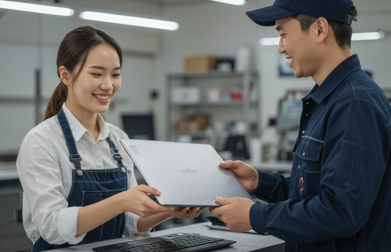 Khách Hàng Đang Vui Vẻ Nhận Máy Tính Đã Được Sửa Chữa Từ Kỹ Thuật Viên Maytinhbentre.Com