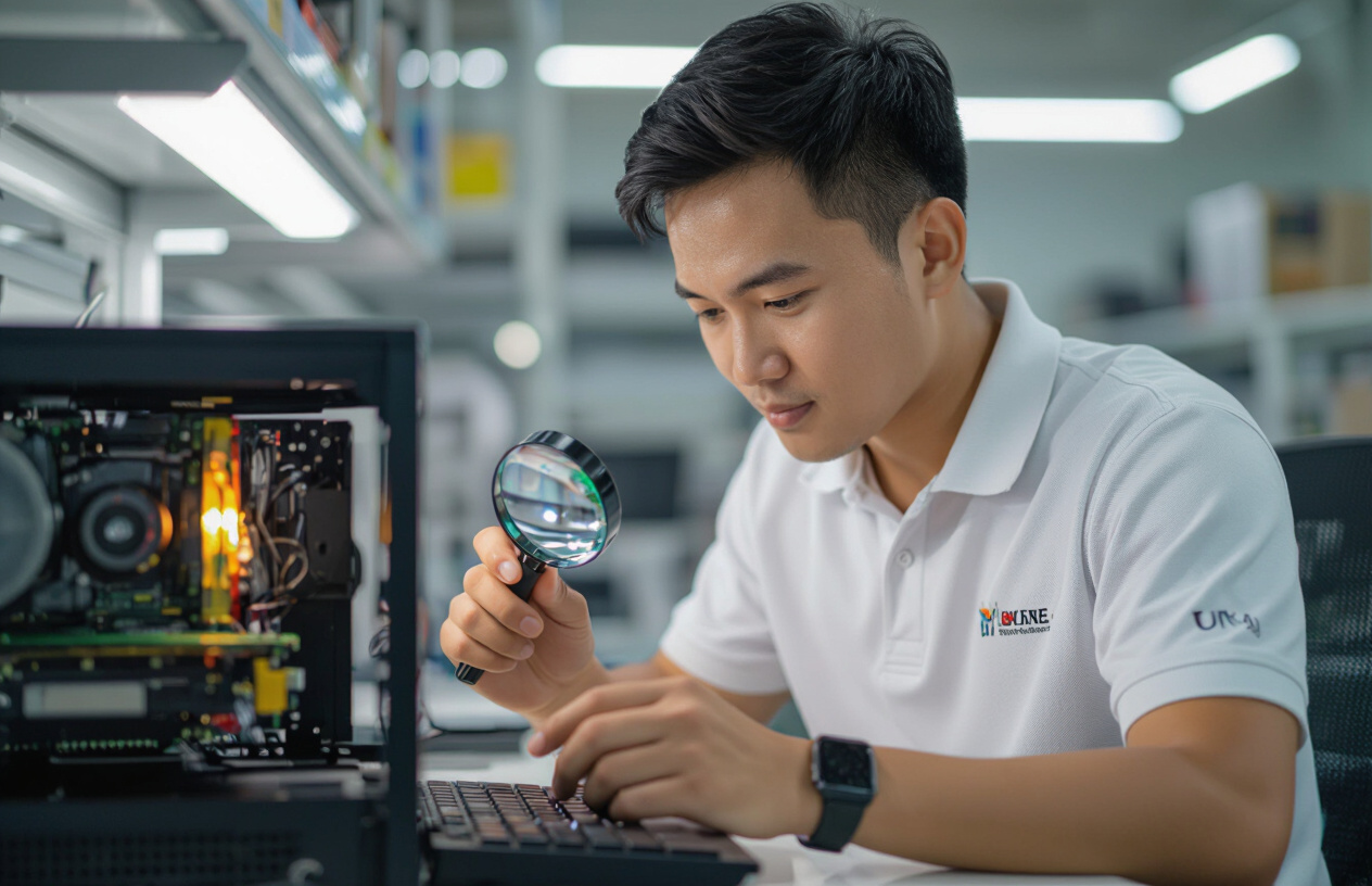Kỹ Thuật Viên Máy Tính Bến Tre Đang Kiểm Tra Lỗi Phần Cứng Máy Tính Cho Khách Hàng.