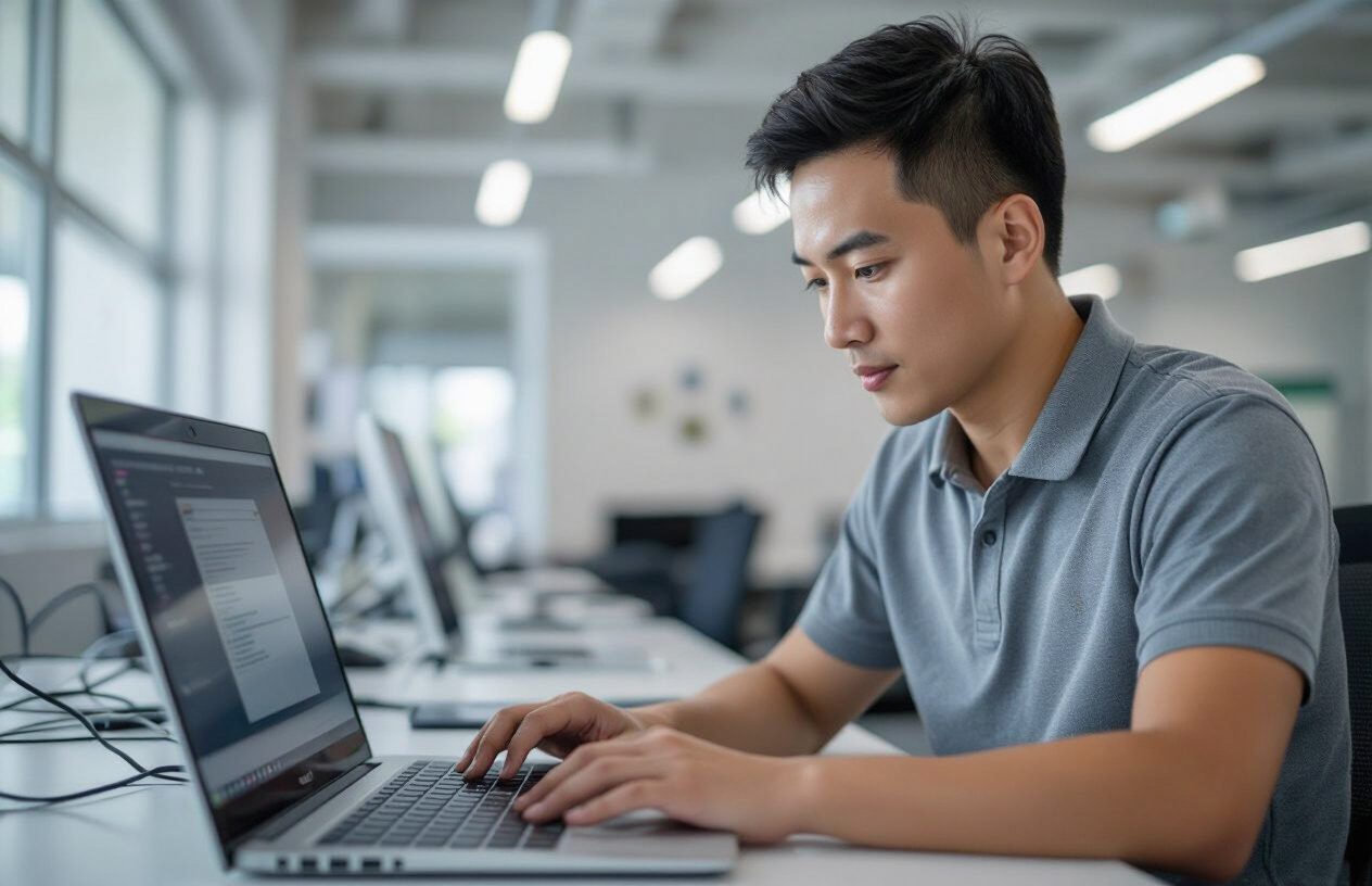 Một Kỹ Thuật Viên It Người Việt Nam Chuyên Nghiệp Đang Tập Trung Kiểm Tra Một Chiếc Laptop Trên Bàn Làm Việc Gọn Gàng,
