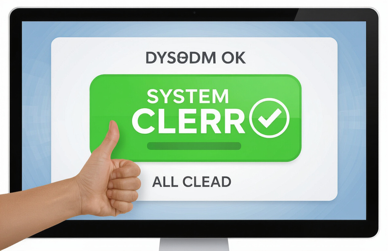 Màn Hình Máy Tính Hiển Thị Thông Báo 'System Ok' Hoặc 'All Clear' Màu Xanh Lá Cây, Với Một Bàn Tay Người Việt Nam Giơ 
