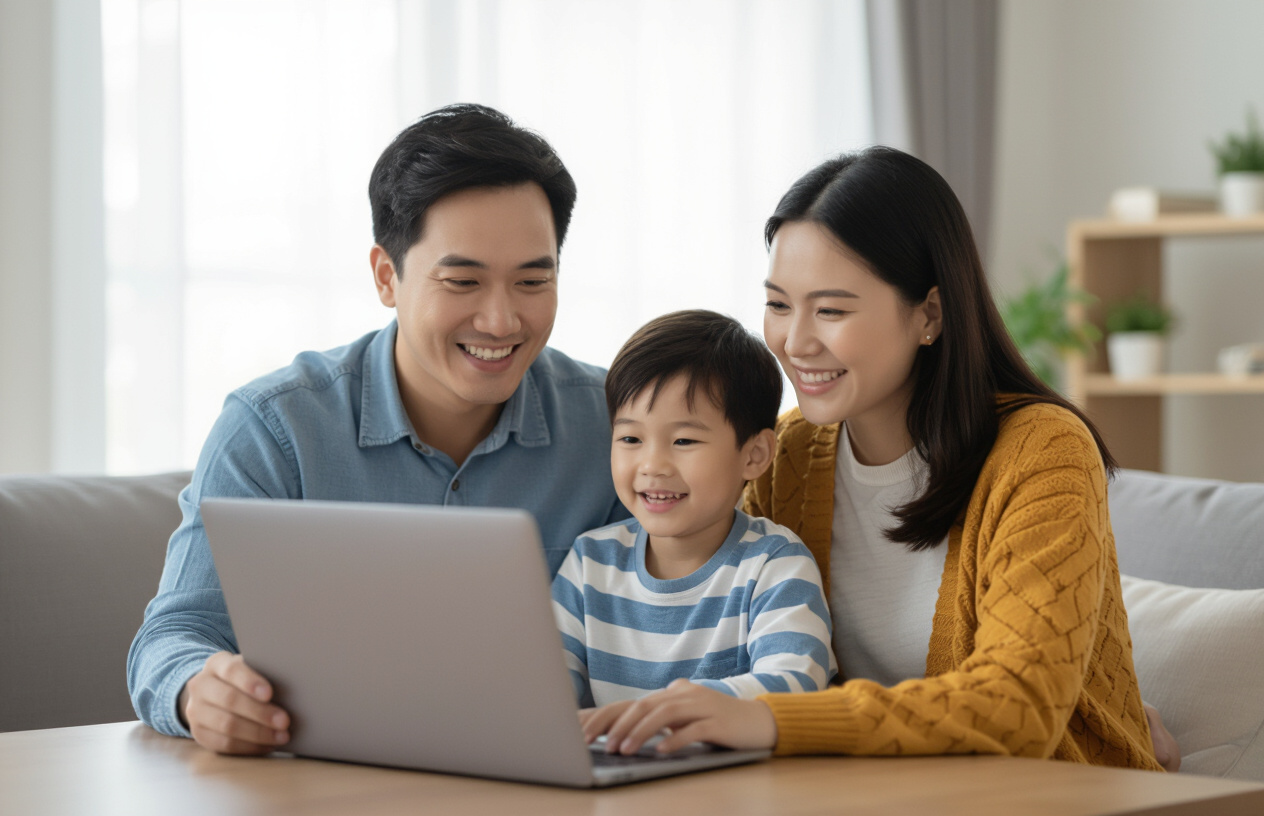 Một Gia Đình Việt Nam Hạnh Phúc (Bố, Mẹ Và Con) Đang Ngồi Cùng Nhau, Cười Tươi Và Cùng Xem Một Nội Dung Trên Laptop, T