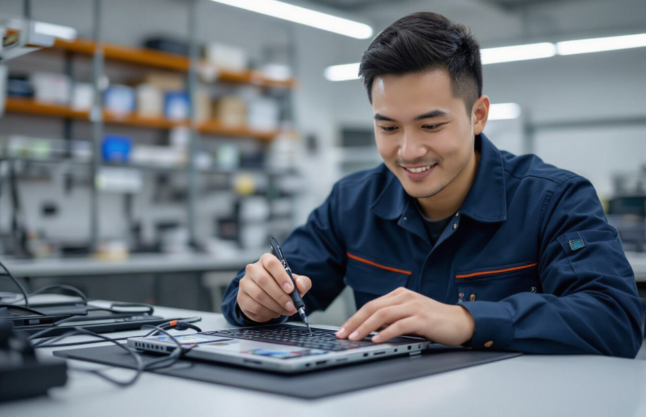 Kỹ Thuật Viên Máy Tính Bến Tre Đang Kiểm Tra Pin Laptop Miễn Phí Cho Khách Hàng