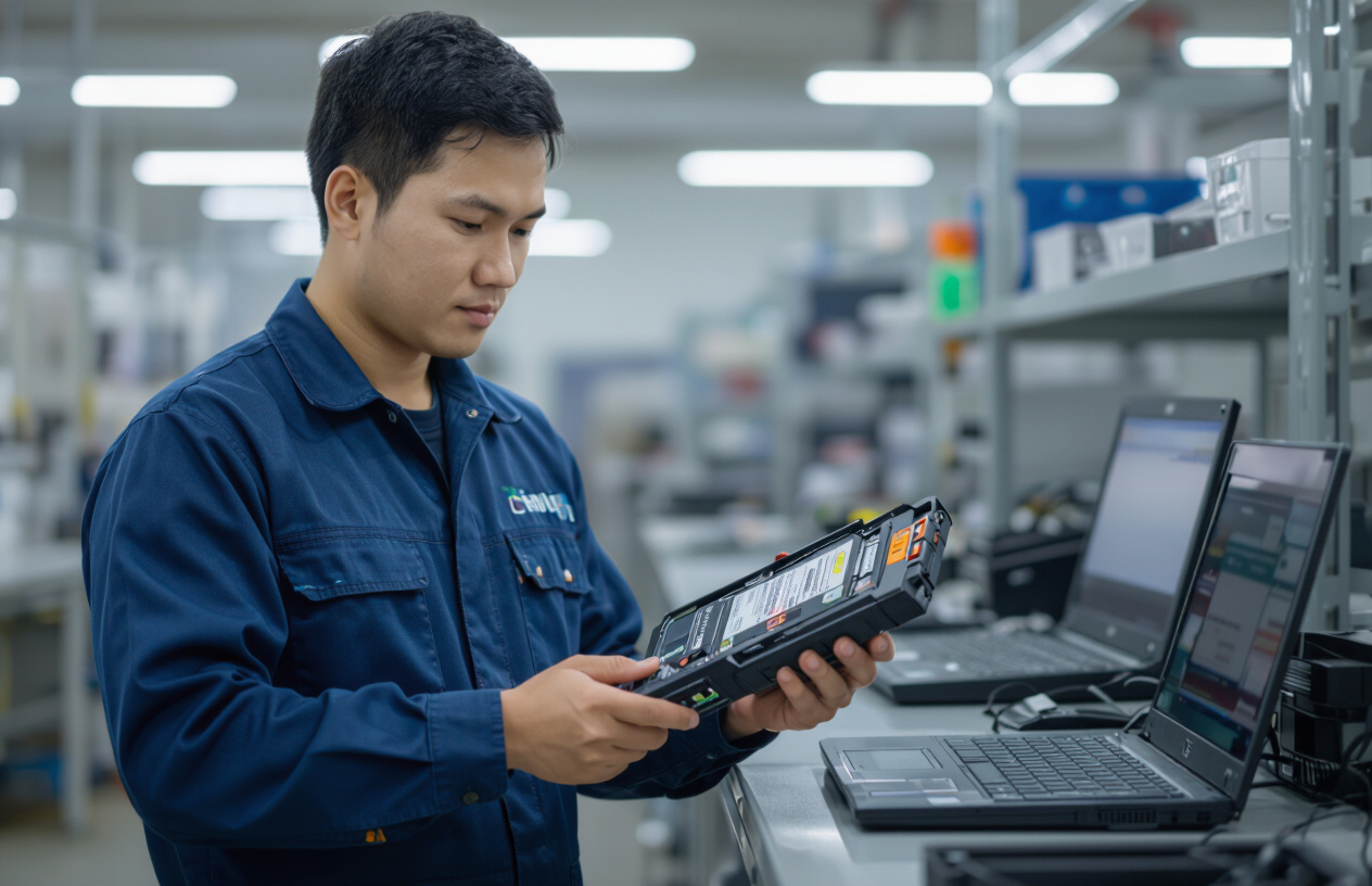 Kỹ Thuật Viên Đang Kiểm Tra Pin Laptop Bằng Thiết Bị Chuyên Dụng