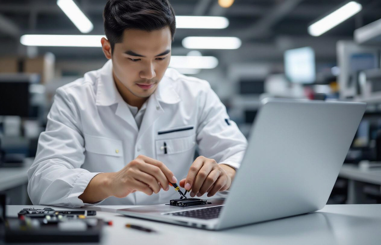 Kỹ Thuật Viên Chuyên Nghiệp Tại Máy Tính Bến Tre Đang Tận Tình Sửa Chữa Laptop, Tập Trung Vào Khu Vực Webcam, Với Dụng
