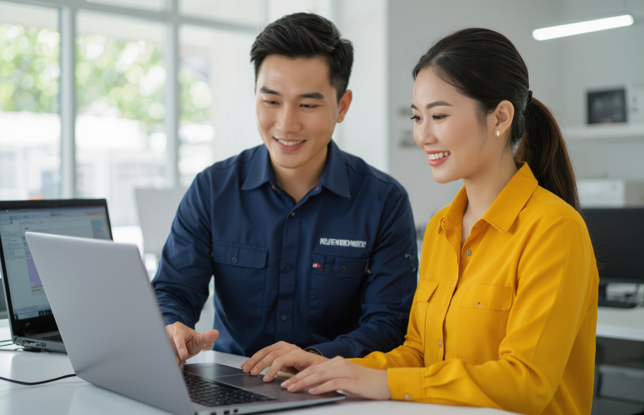 Khách Hàng Việt Nam Đang Thảo Luận Vấn Đề Webcam Laptop Với Kỹ Thuật Viên, Cả Hai Đều Thể Hiện Sự Thân Thiện Và Chuyên