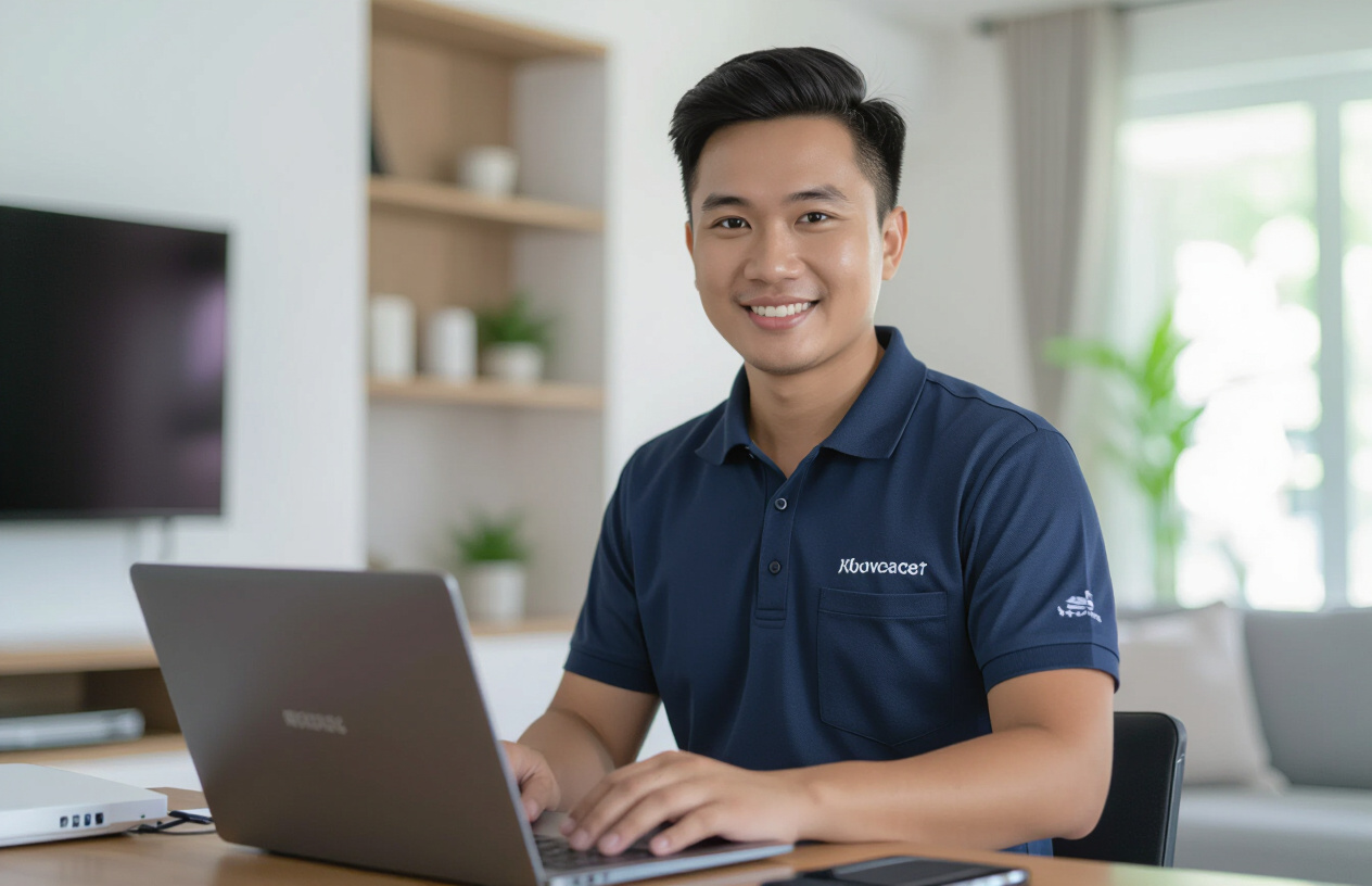 Kỹ Thuật Viên Máy Tính Bến Tre Đang Lắp Đặt Và Cấu Hình Bộ Kích Sóng Wifi Cho Khách Hàng.