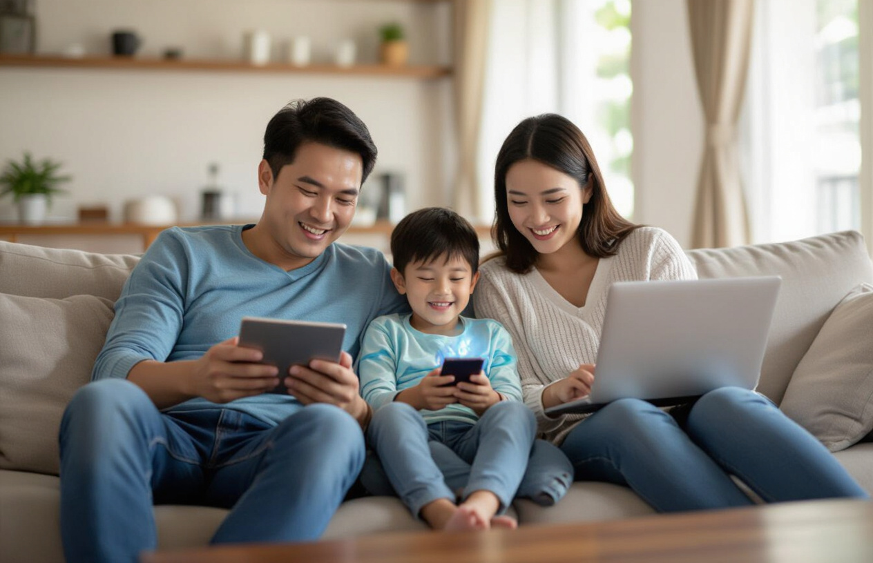 Gia Đình Tại Bến Tre Vui Vẻ Sử Dụng Internet Tốc Độ Cao Nhờ Sóng Wifi Ổn Định.