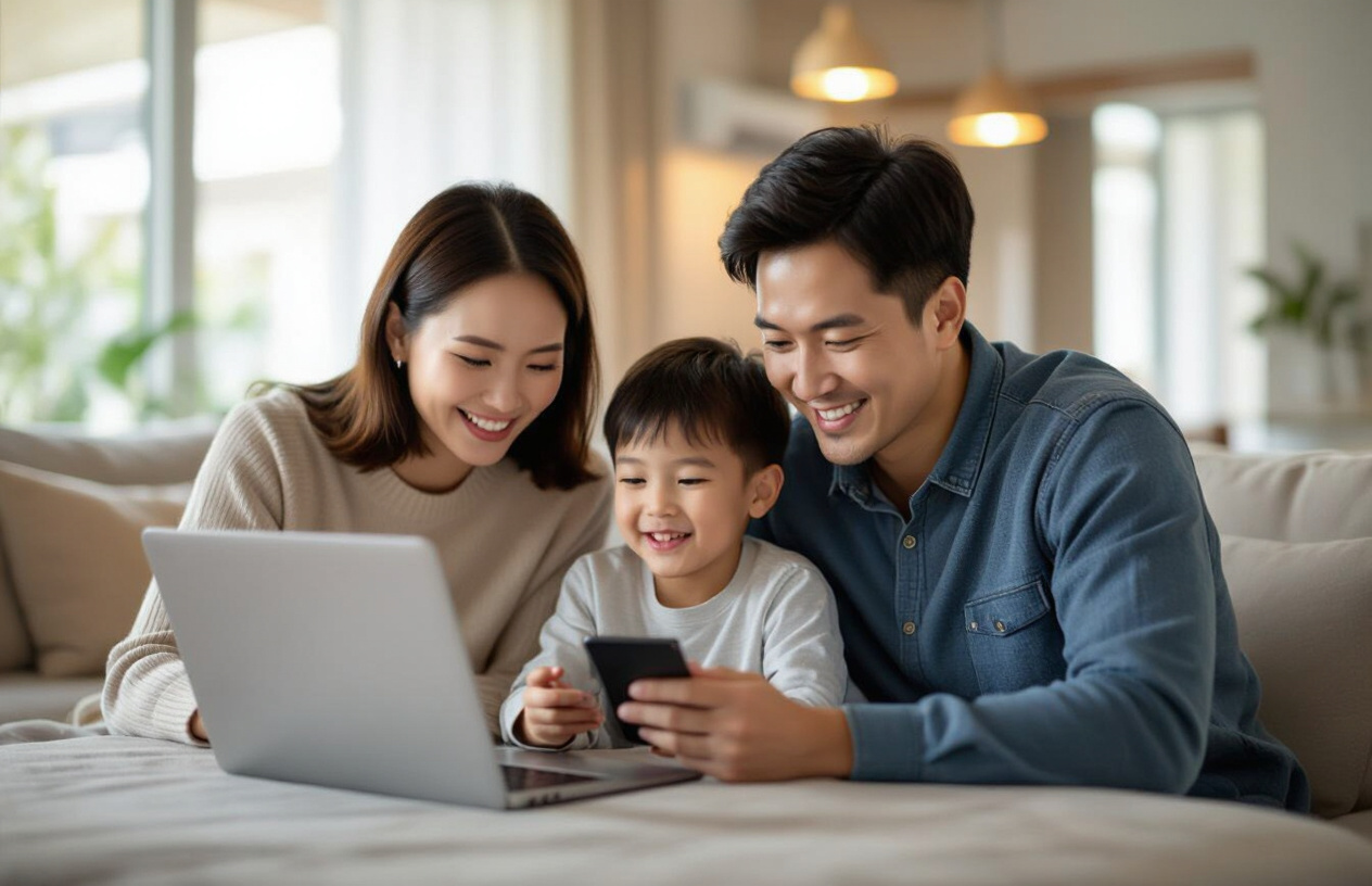Một Gia Đình Việt Nam Hạnh Phúc Đang Sử Dụng Các Thiết Bị Công Nghệ Hiện Đại Trong Một Ngôi Nhà Có Kết Nối Internet Mạ