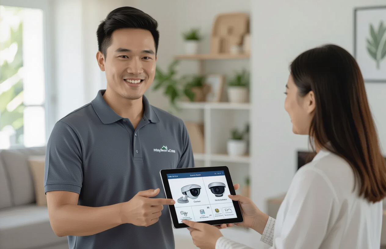 Kỹ Thuật Viên Của Máy Tính Bến Tre Đang Tư Vấn Cho Khách Hàng Về Giải Pháp Lắp Đặt Camera An Ninh Tại Nhà.