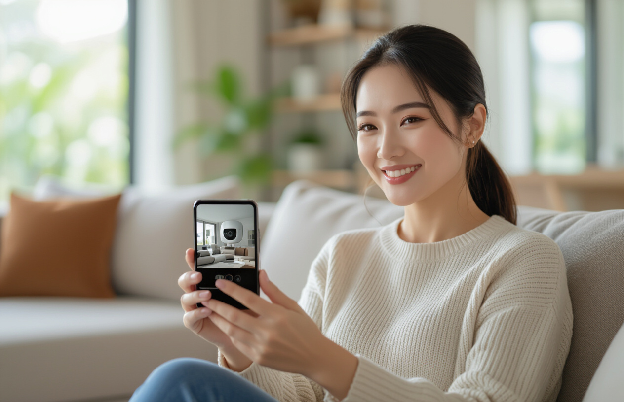 Người Phụ Nữ Bến Tre Đang Yên Tâm Kiểm Tra Camera An Ninh Của Gia Đình Mình Trên Điện Thoại Di Động.