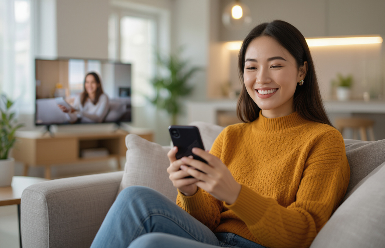 Người Phụ Nữ Việt Nam Đang Xem Hình Ảnh Từ Camera An Ninh Thông Minh Trên Điện Thoại.