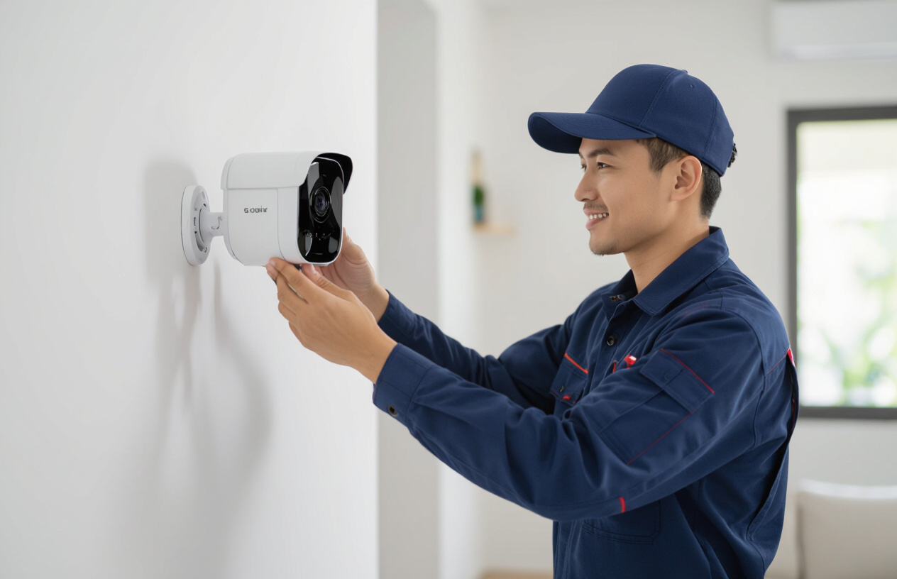 Kỹ Thuật Viên Chuyên Nghiệp Của Máy Tính Bến Tre Đang Lắp Đặt Camera An Ninh Tại Gia Đình.