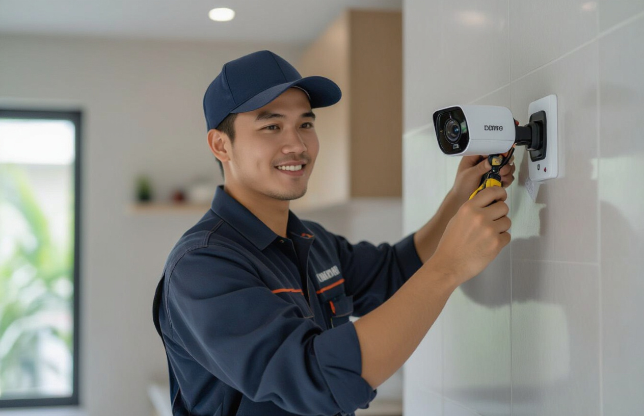 Kỹ Thuật Viên Máy Tính Bến Tre Đang Lắp Đặt Camera An Ninh Chuyên Nghiệp Tại Một Ngôi Nhà Ở Bến Tre.