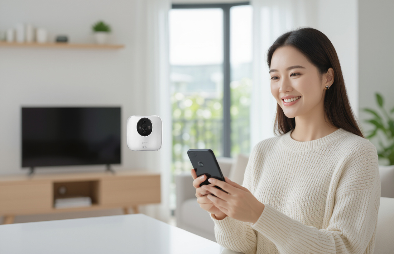 Người Phụ Nữ Việt Nam Đang Kiểm Tra Camera Tapo C200 Trên Điện Thoại
