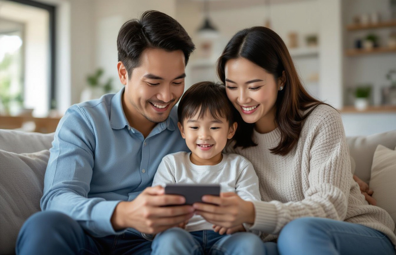 Gia Đình Việt Nam Đang Xem Hình Ảnh Từ Camera An Ninh Ezviz C6N Trên Điện Thoại Thông Minh.