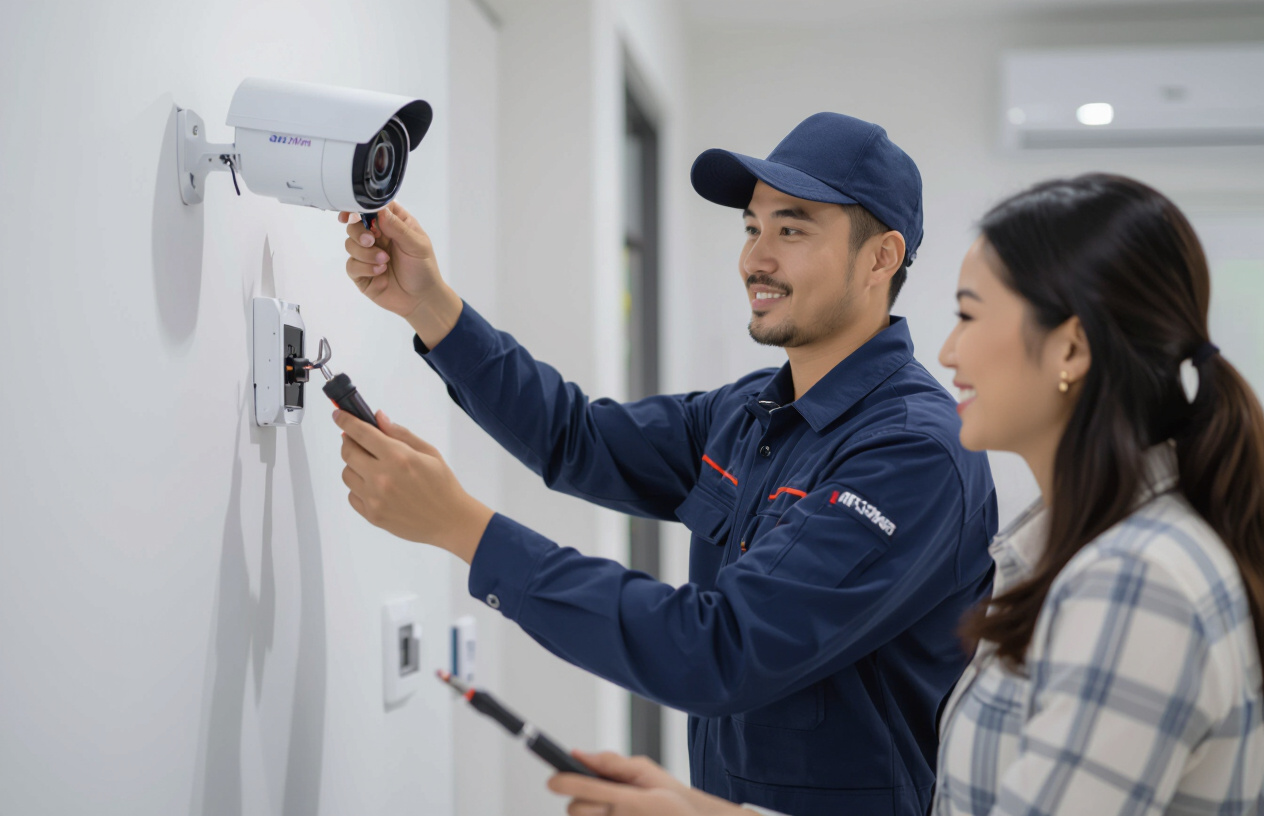 Kỹ Thuật Viên Của Máy Tính Bến Tre Đang Lắp Đặt Camera An Ninh Tại Một Ngôi Nhà Hiện Đại.