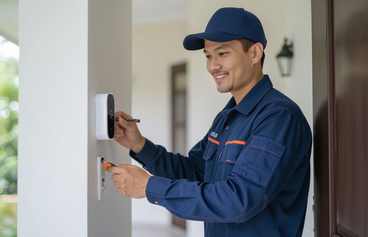 Kỹ Thuật Viên Maytinhbentre.Com Đang Lắp Đặt Chuông Cửa Thông Minh Ring.