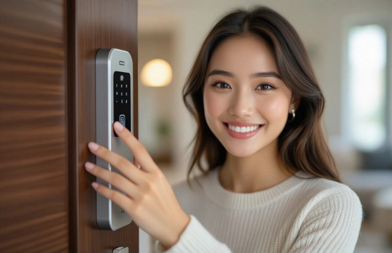 Người Phụ Nữ Việt Nam Mở Khóa Vân Tay Với Nụ Cười Hài Lòng.